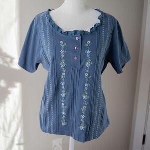 Cottage Summer blue floral embroidered ruffle Y2K Women's short sleeve shirt
